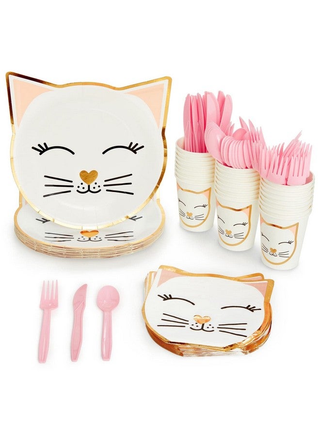 Blue Panda 144 Piece Cat Themed Party Supplies Set, Serves 24 Includes Plates, Napkins, Cups, Cutlery - Kitty Birthday Decorations & Kitten Themed Parties Decorations  - Image 1