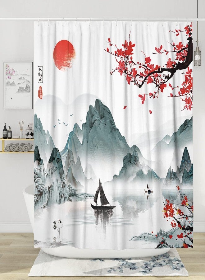 Witzest Japanese Cherry Blossom Shower Curtain Set, Asian Anime Shower Curtains for Bathroom Cool Watercolor Abstract Art Decor Polyester Fabric-72" x 72" - Image 1