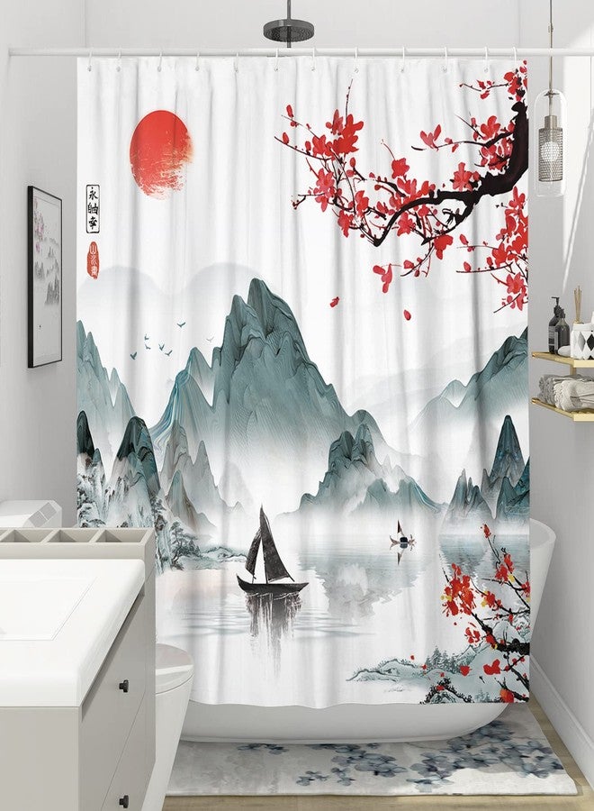 Witzest Japanese Cherry Blossom Shower Curtain Set, Asian Anime Shower Curtains for Bathroom Cool Watercolor Abstract Art Decor Polyester Fabric-72" x 72" - Image 2