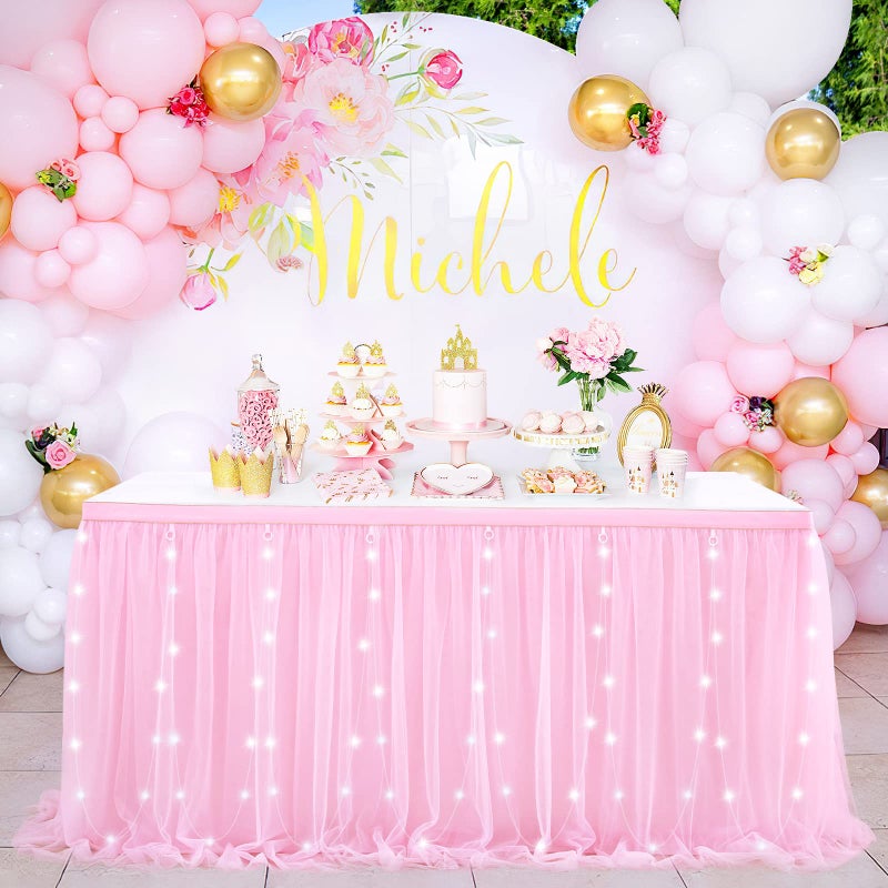 QueenDream Pink Table Skirt 6FT Tulle Table Skirting 2 Layer Rectangle Pink Tutu Tablecloth for Birthday Baby Shower Wedding 