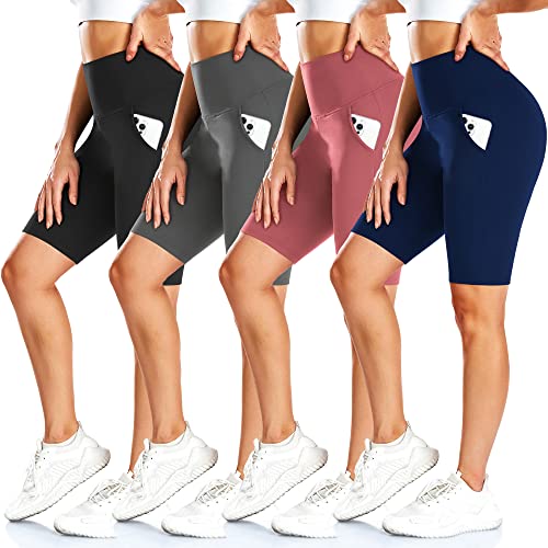 FULLSOFT 4 Pack Biker Shorts for Women – 8" High Waist Tummy Control Workout Yoga Running Compression Exercise Shorts with Pockets(4 Pack Black/Navy Blue/Grey/Pink,2X-Large-3X-Large) - Image 1