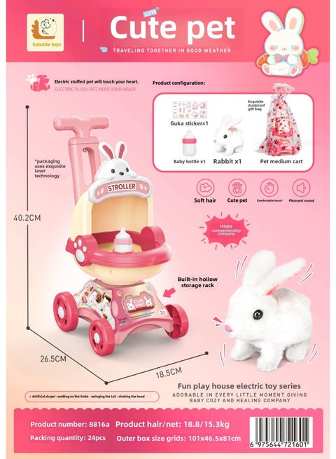 Rokomeng Electric Pet Stroller Cat Dog Rabbit Simulation Walking Pretend Play Children's Toy Plastic Handheld Gift Box-Color:8816A Rabbit Bottle Cart (rabbit)