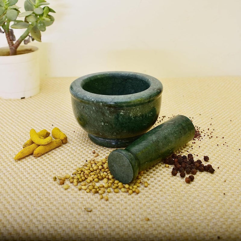 KunhaR Natural Green Marble Mortar and Pestle Set Imam Dasta Ohkli Musal Kharal 4 x 25 Inches Green Half Polish - Image 1