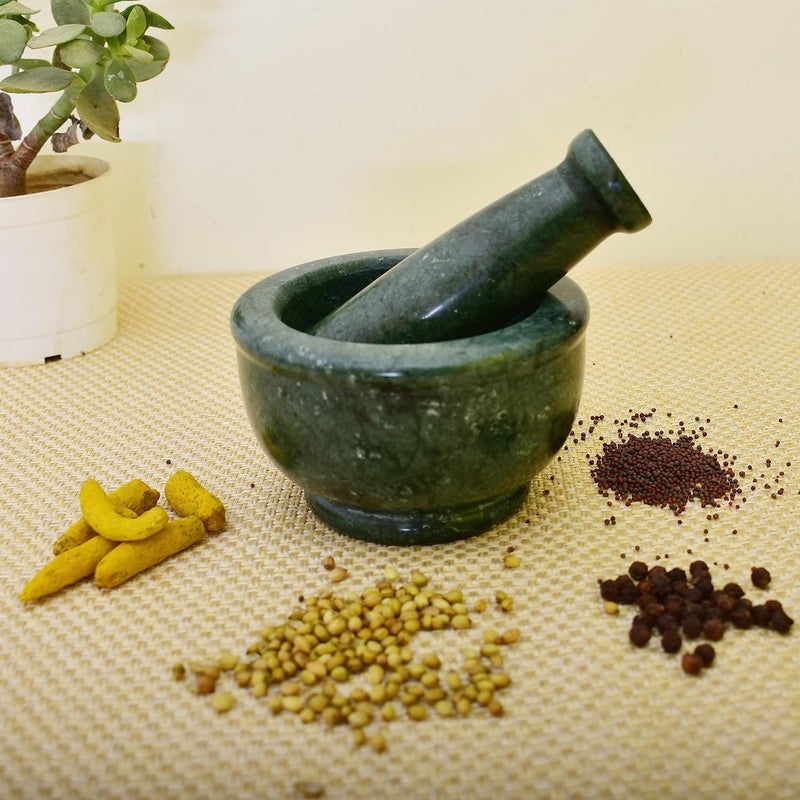 KunhaR Natural Green Marble Mortar and Pestle Set Imam Dasta Ohkli Musal Kharal 4 x 25 Inches Green Half Polish - Image 3