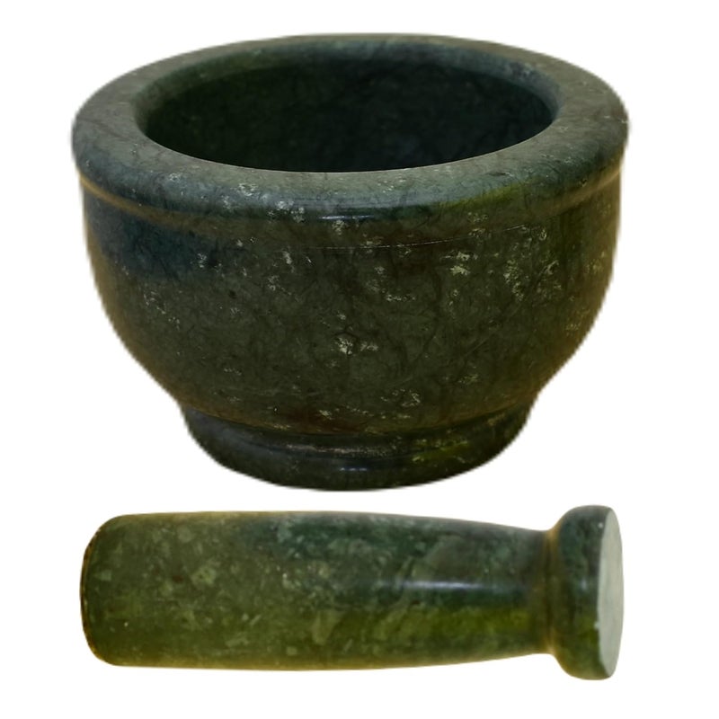 KunhaR Natural Green Marble Mortar and Pestle Set Imam Dasta Ohkli Musal Kharal 4 x 25 Inches Green Half Polish - Image 4