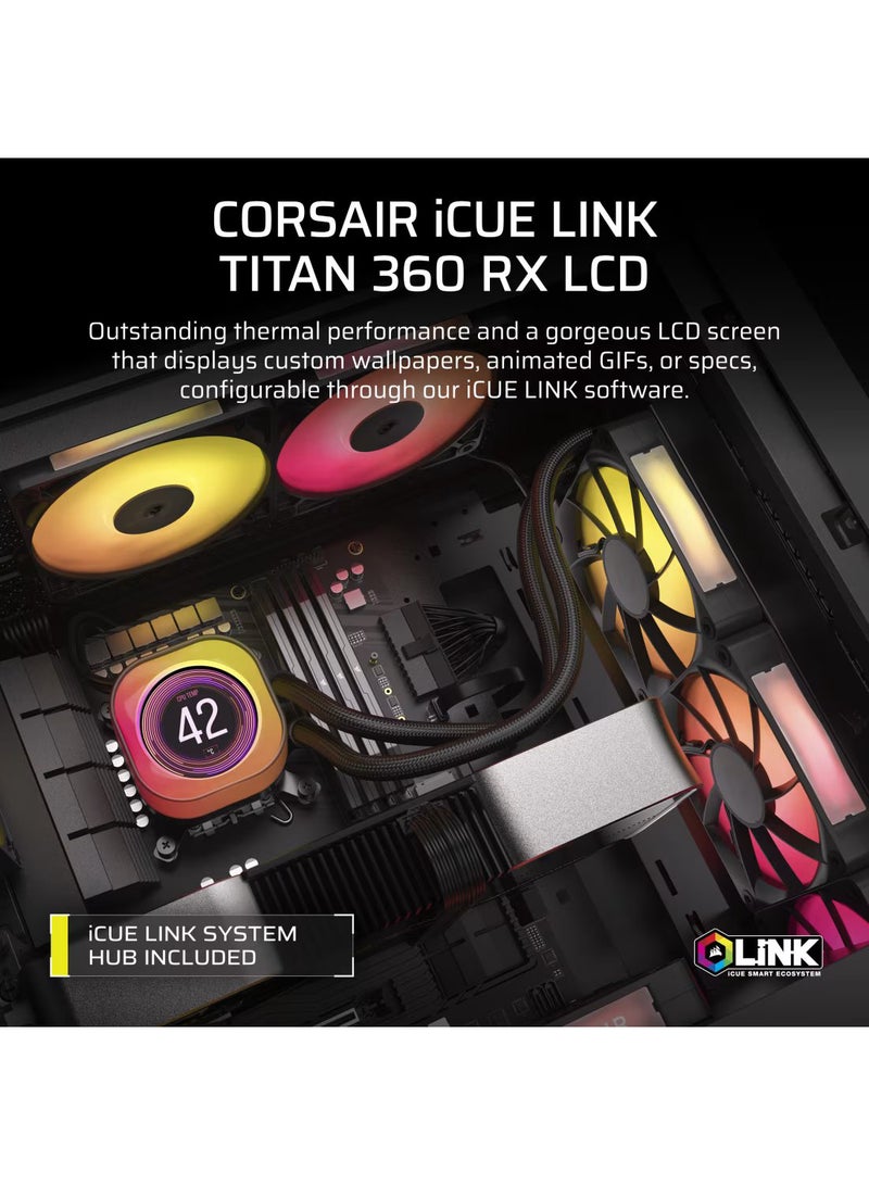 كورسير مبرد وحدة المعالجة المركزية السائل iCUE Link TITAN 360 RX LCD، رادياتير 360 مم، إضاءة RGB عالية الأداء، 3 مراوح 120 مم، تحكم ذكي iCUE، متوافق مع مقابس إنتل وAMD، تقنية تبريد متقدمة لكسر السرعة - CW-9061023-WW - Image 2