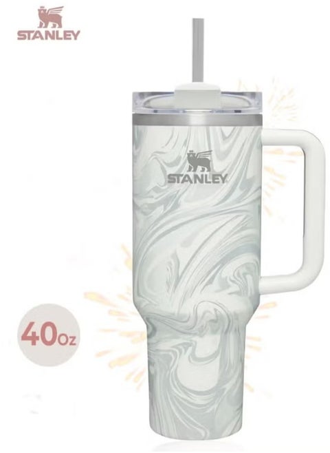 Stanley Quencher H2.0 FlowState 40 oz Vacuum Insulated Tumbler – Rose Quartz Swirl Travel Mug with Reusable Lid and Straw for Water, Coffee, Smoothies, and Iced Tea – Durable, Stylish, and Leakproof