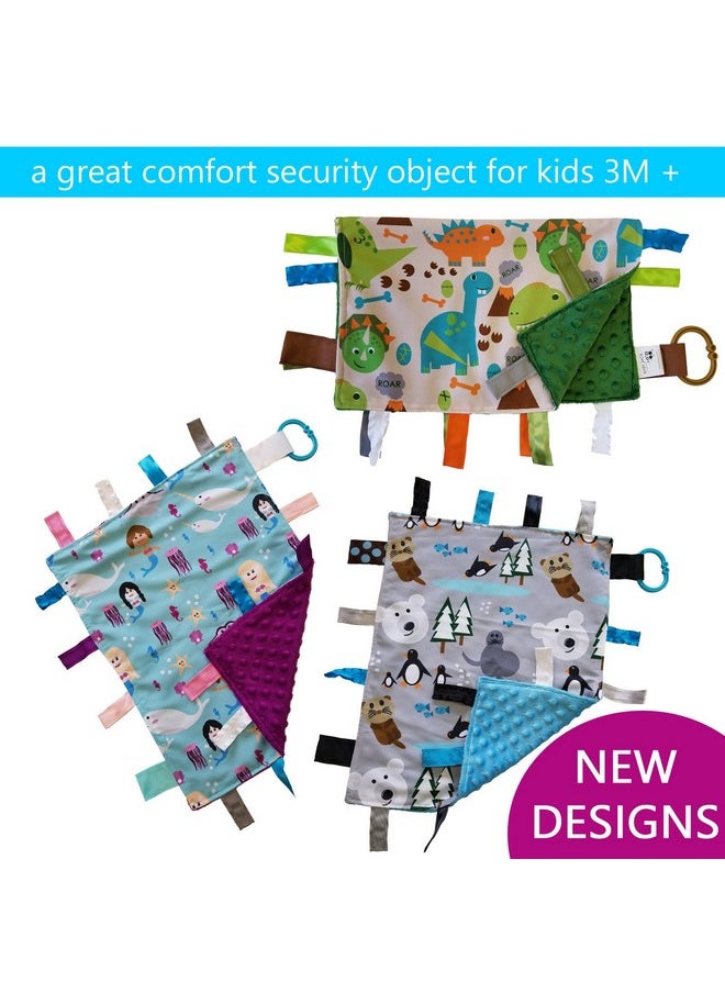 The Learning Lovey Baby Sensory Security & Teething Closed Ribbon Tag Lovey Blanket With Minky Dot Fabric: 14X18 (Dinosaurs)  - Image 3