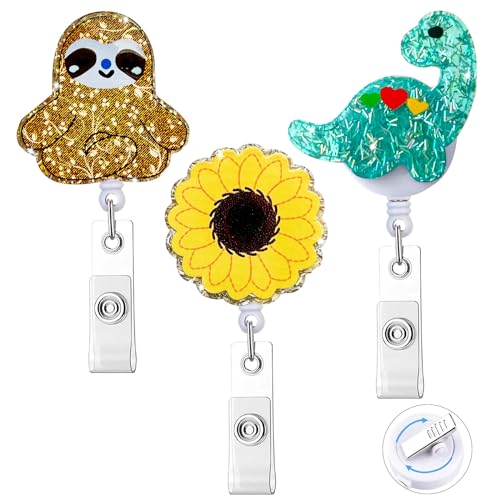 HASFINE 3 Pack Cute Badge Reels Retractable ID Badge Holder,Funny Glittery Cartoon Sloth Sunflower and Dinosaur Badge Reel with Alligator Clip for RN LPN CNA MA Nurse Doctor Worker Teacher Student - Image 1