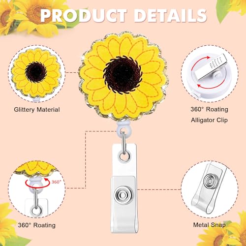 HASFINE 3 Pack Cute Badge Reels Retractable ID Badge Holder,Funny Glittery Cartoon Sloth Sunflower and Dinosaur Badge Reel with Alligator Clip for RN LPN CNA MA Nurse Doctor Worker Teacher Student - Image 3