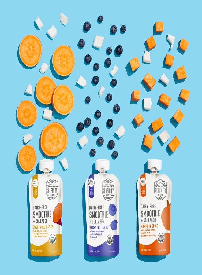 Serenity Kids 6+ Months Dairy-Free Smoothie Baby Food Pouches - BPA-Free, USDA Organic & Grass-Fed Collagen Protein - Lactose-Free Smoothie Pouches - 3.5 Oz, 8 Pack - Image 5