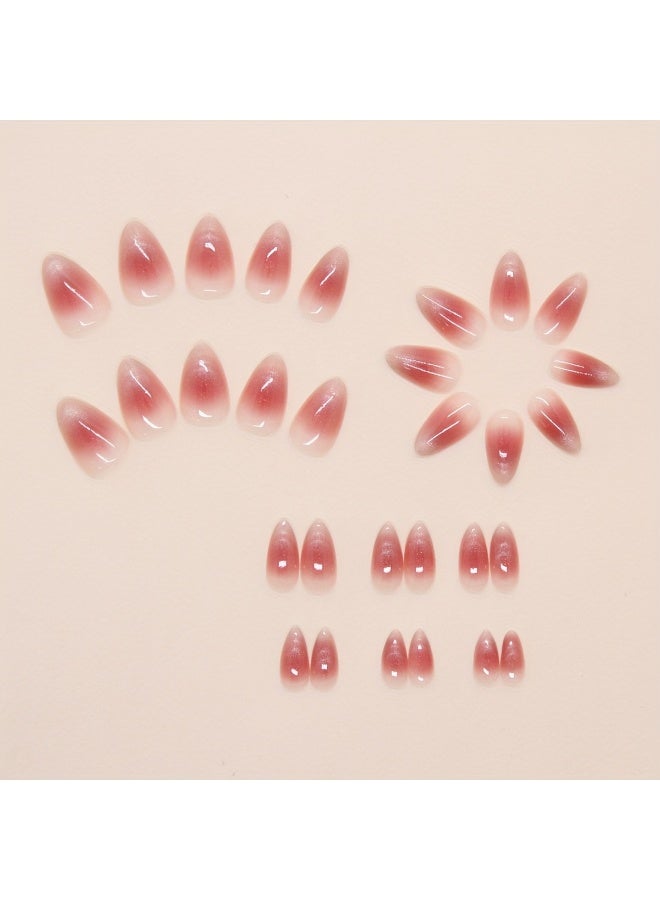 KHAJUL 24pcs Short Almond-shaped Press On Nails Glossy Pinkish French Style Flashing Cat Eye Fake Nails Reusable Artificial Nails for Women - Image 5