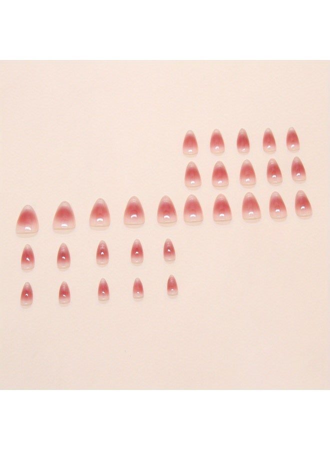 KHAJUL 24pcs Short Almond-shaped Press On Nails Glossy Pinkish French Style Flashing Cat Eye Fake Nails Reusable Artificial Nails for Women - Image 2