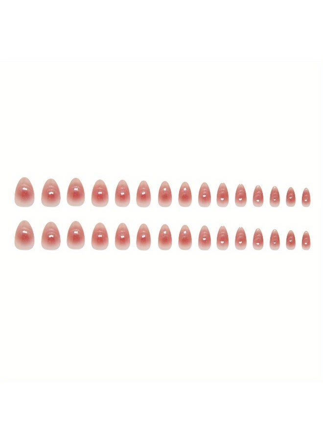 KHAJUL 24pcs Short Almond-shaped Press On Nails Glossy Pinkish French Style Flashing Cat Eye Fake Nails Reusable Artificial Nails for Women - Image 3