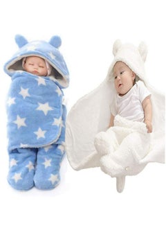 Brandonn Baby Boy'S And Baby Girl'S Hooded Wearable Baby Blanket Cum Baby Wrapper Blanket Combo Of 2 (White, Blue, 0-6 Months )  - Image 1