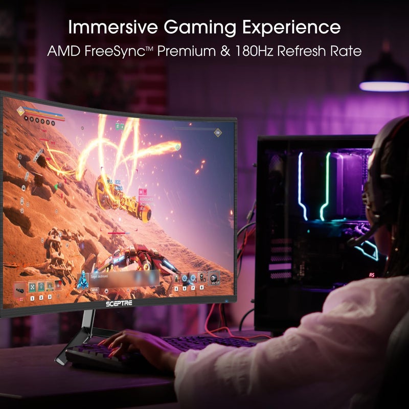 Sceptre شاشة الألعاب المنحنية الجديدة Sceptre مقاس 24 بوصة 1080p تصل إلى 180+Hz DisplayPort HDMI 100% sRGB، AMD FreeSync مكبرات صوت مدمجة لون أسود 2026 (سلسلة C248B-FWT168) - Image 3