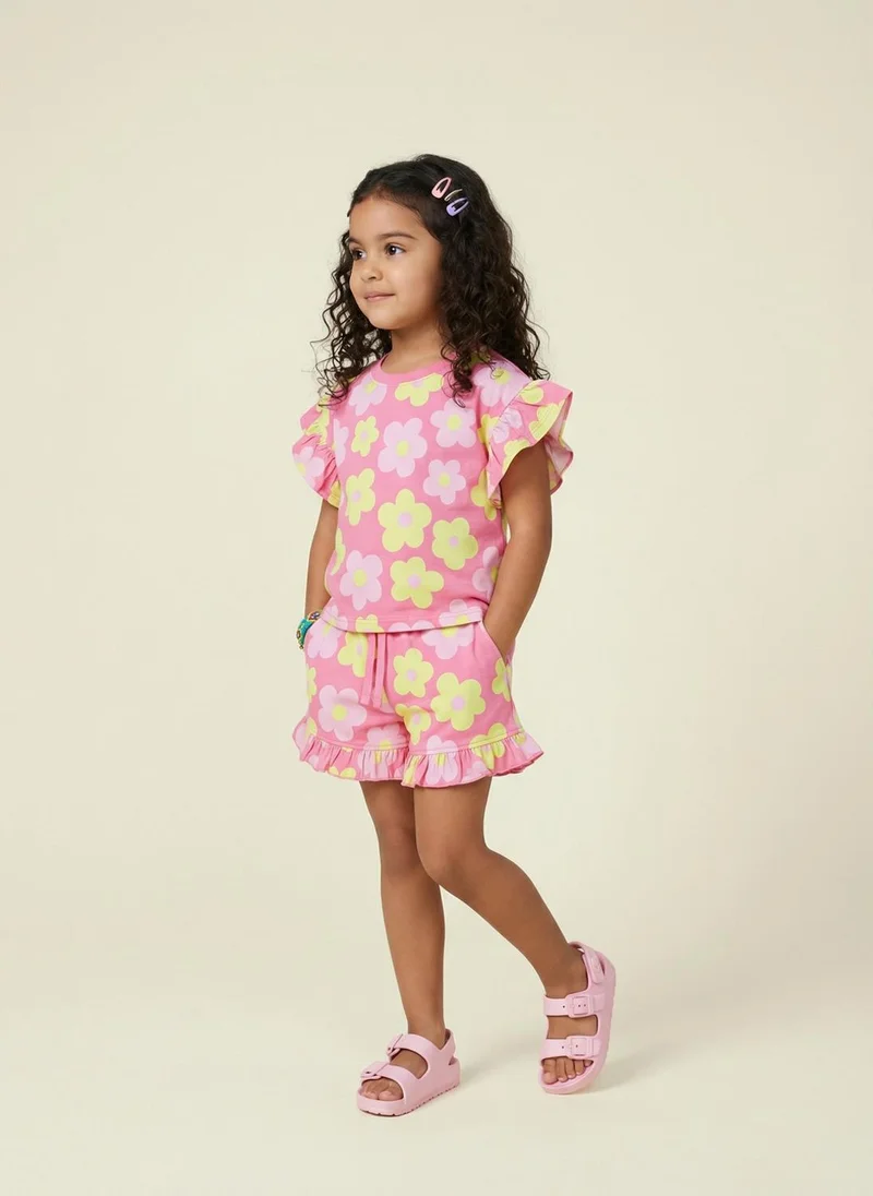 Nautinati Nautinati Girls Floral All Over Print Regular Fit Cotton T-shirt and Shorts Co-ord Set