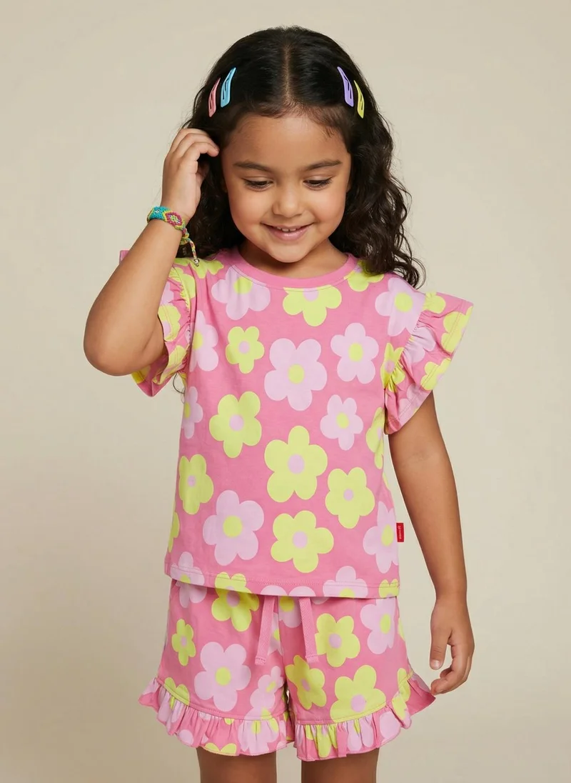 Nautinati Nautinati Girls Floral All Over Print Regular Fit Cotton T-shirt and Shorts Co-ord Set