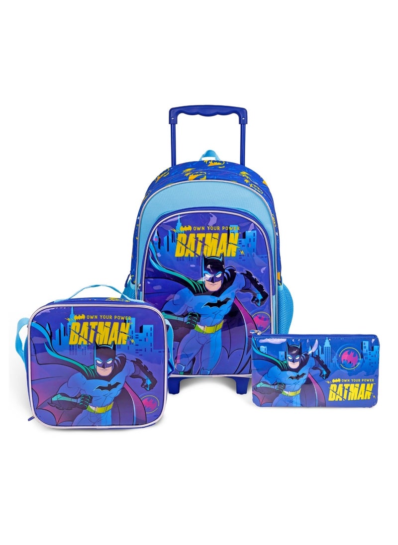 Warner Bros. Batman  18 Inch Kids 3-in-1 Trolley School Bag Set - Ergonomic Backpack, Insulated Lunch Bag & Pencil Case,Lightweight, Durable, Students 6+ - Perfect for Travel & School,For Boys  - Image 1