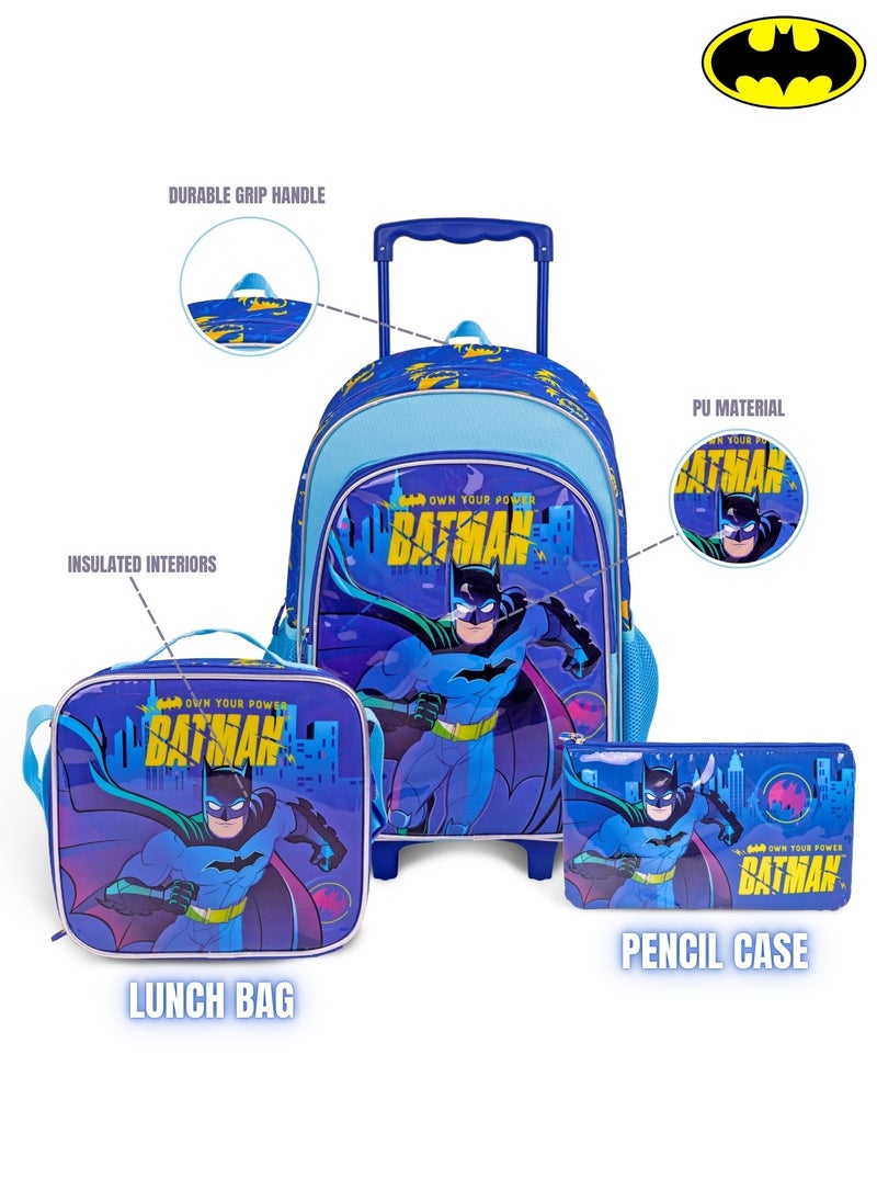 Warner Bros. Batman  18 Inch Kids 3-in-1 Trolley School Bag Set - Ergonomic Backpack, Insulated Lunch Bag & Pencil Case,Lightweight, Durable, Students 6+ - Perfect for Travel & School,For Boys  - Image 4
