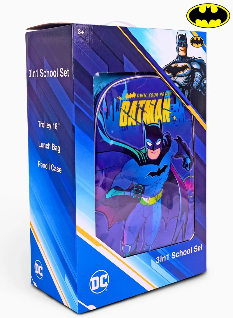 Warner Bros. Batman  18 Inch Kids 3-in-1 Trolley School Bag Set - Ergonomic Backpack, Insulated Lunch Bag & Pencil Case,Lightweight, Durable, Students 6+ - Perfect for Travel & School,For Boys