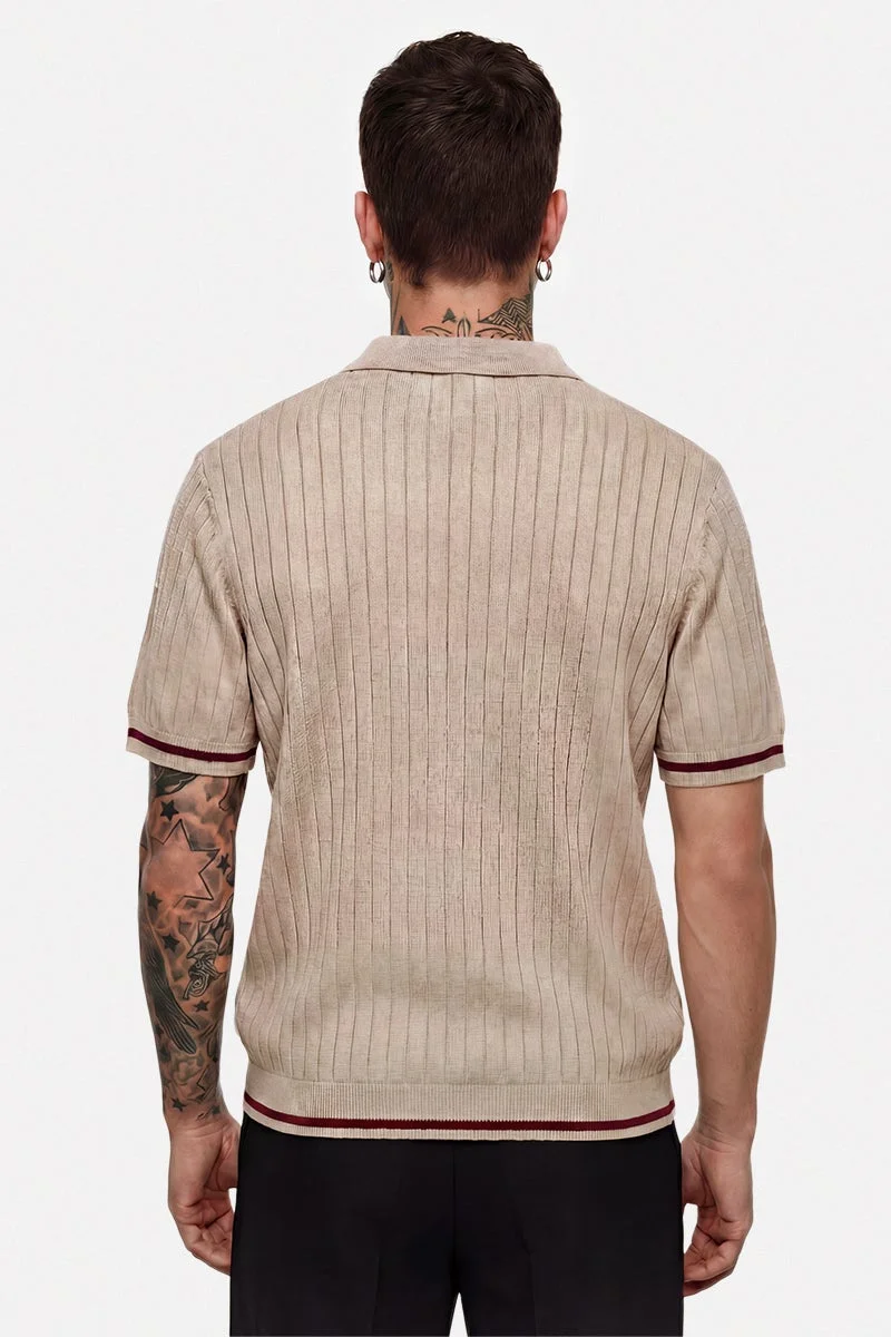 سنيتش Beige Textured Half Sleeve Regular Fit Casual T-Shirt