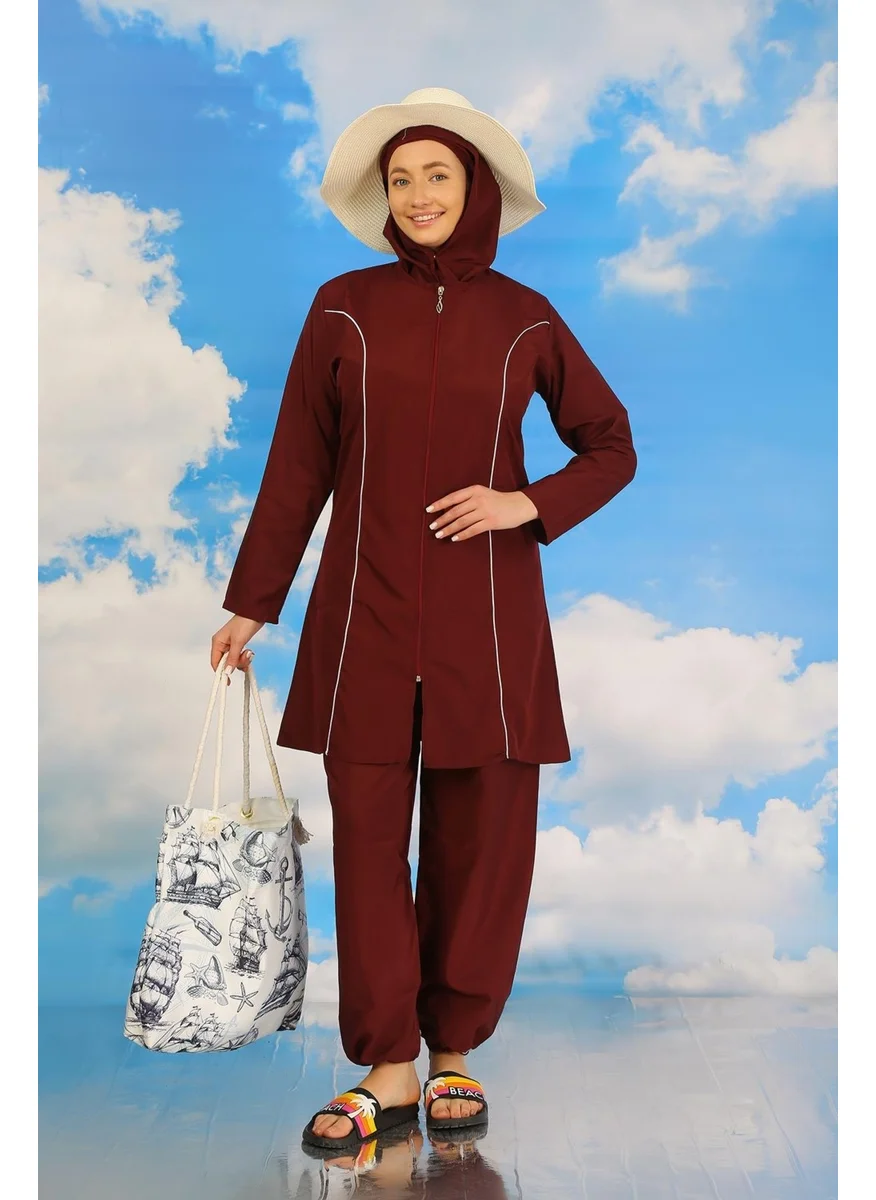 Akbeniz Women's Full Hijab Claret Red Swimsuit 31060