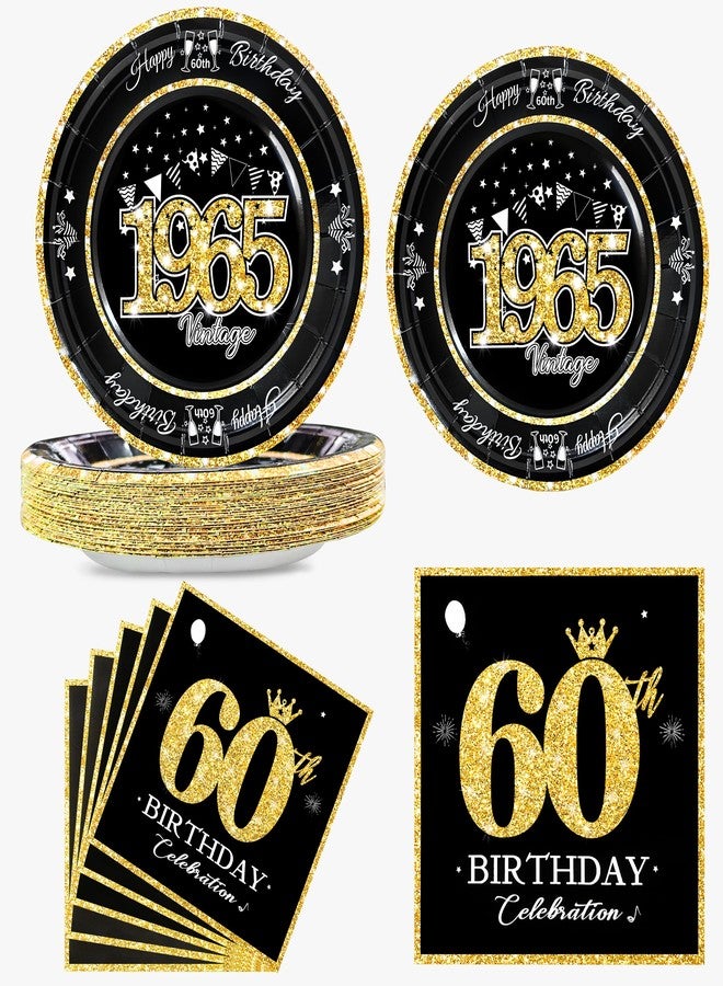 algpty 60 PCS Vintage 60th Birthday Plates and Napkins Set, 60th Birthday Decorations Black and Gold, Service for 30, 1965 Birthday Dessert Plates and Napkins Party Supplies for Men Women - Image 1