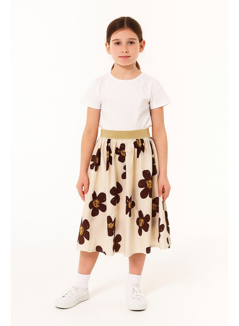 Shein Girls Floral Midi Skirt – Soft Lightweight Fabric with Golden Elastic Waistband - Image 1