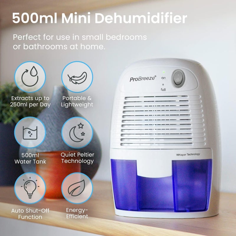 Pro Breeze 500ml Premium Dehumidifier - Ultra Quiet Peltier Technology, Energy Efficient, Auto-Off Safety, Portable Mini Electric Dehumidifier, Ideal for Home, Bedroom & Bathroom - Image 2