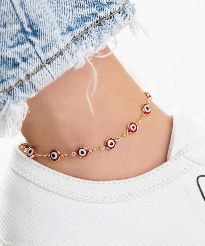 Barzel 18k Gold Plated Red Evil Eye Anklet For Women - Made in Brazil (Red) - Image 2