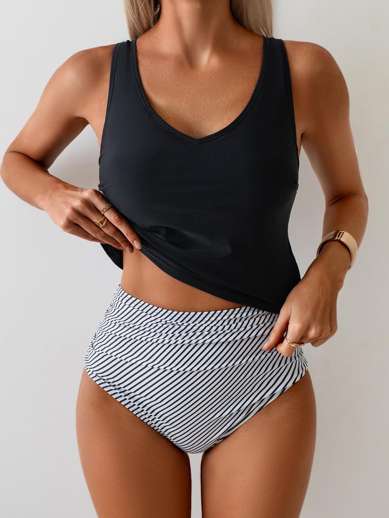 Eomenie Two Piece Tankini Swimsuits for Women Tummy Control Bathing Suits Cutout Back Swim Tank Top with High Waisted Bottom Black Stripes - Image 3