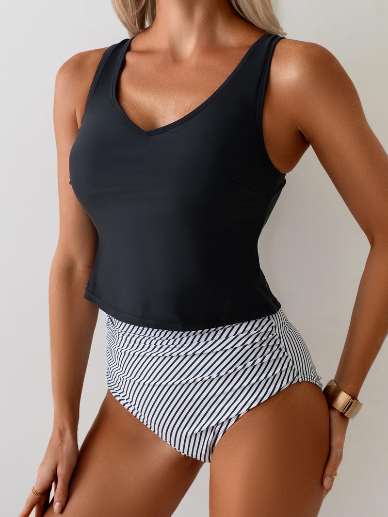 Eomenie Two Piece Tankini Swimsuits for Women Tummy Control Bathing Suits Cutout Back Swim Tank Top with High Waisted Bottom Black Stripes - Image 4