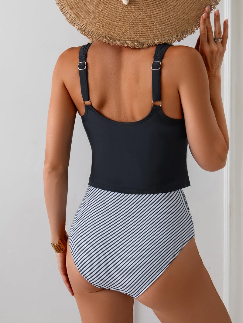 Eomenie Two Piece Tankini Swimsuits for Women Tummy Control Bathing Suits Cutout Back Swim Tank Top with High Waisted Bottom Black Stripes - Image 2