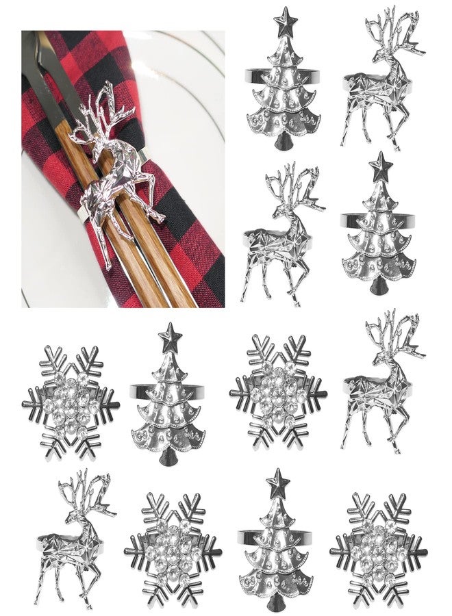 HADDIY Christmas Napkin Holder,Set of 12 Silvery Elk Snowflake Xmax Tree Napkin Ring for Winter Holiday Dinner Setting and Christmas Table Decorations - Image 1