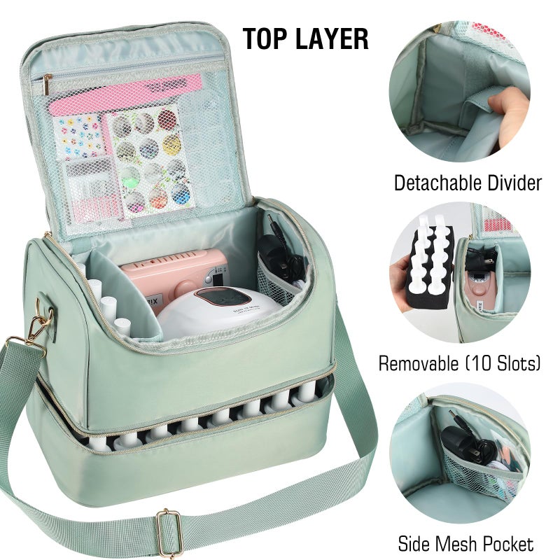 GR69N Nail Polish Organizer Case,Nail Polish Holder Holds 1 Nail Lamp & 50 Bottles,Travel Nail Tech Case,Waterproof Nail Kit Organizer Bag Fits Nail Supplies & Manicure Tools (Green) - Image 3