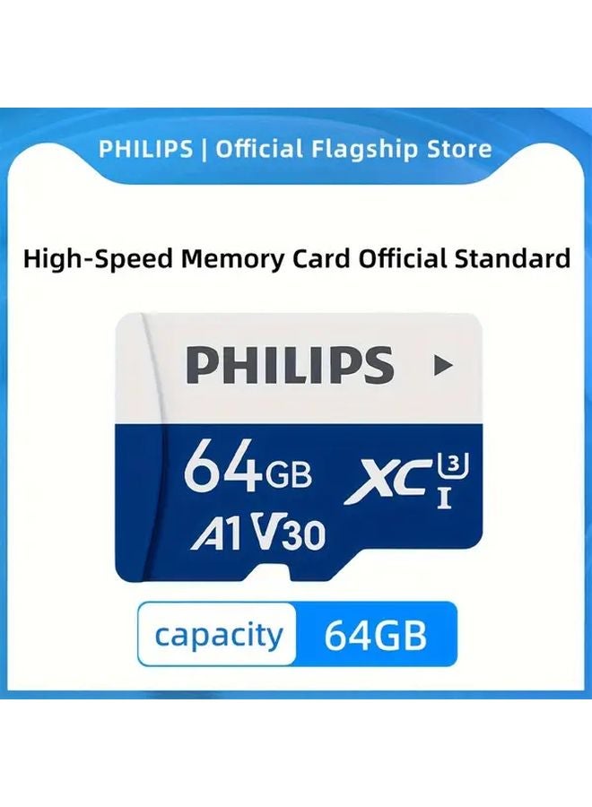 فيليبس 64 جيجابايت مايكرو إس دي كارد 130 ميجابايت/ثانية UHS-I V30 فئة 10 للتسجيل بدقة 4K للكاميرات والطائرات بدون طيار - Image 1