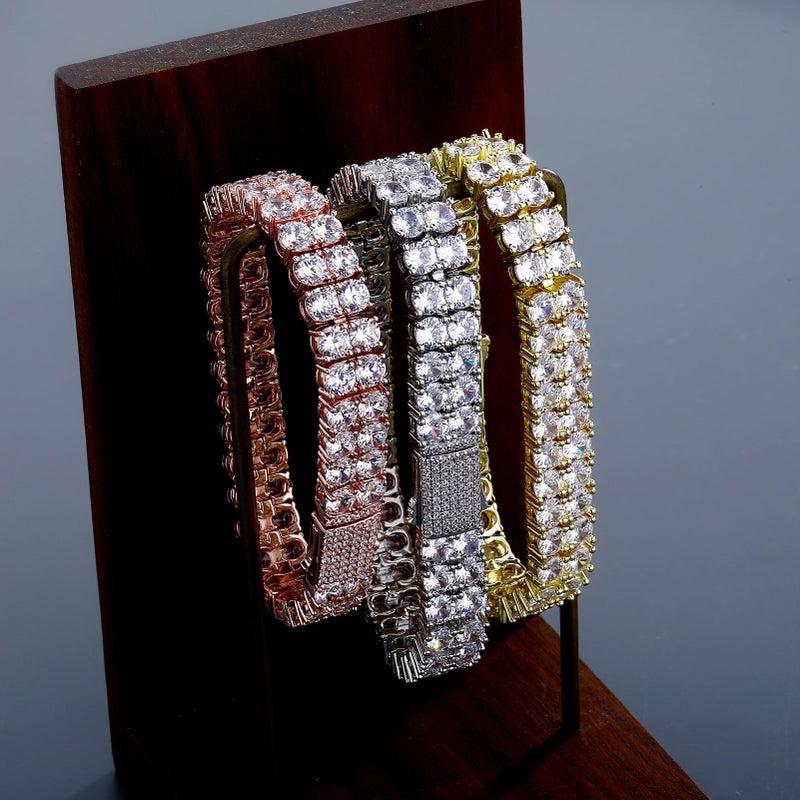 JINAO Hip Hop Silver 2 Rows Cubic Zirconia Tennis Bracelet 14k Gold Plated Iced Out Bling Lab Simulated Diamond Tennis Wrist Chain Jewelry for Men Women (Silver) - Image 4