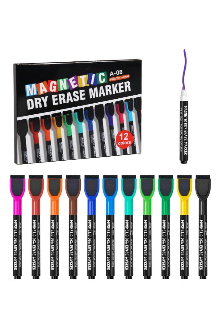 أقلام سبورة بيضاء مغناطيسية - 12 قلم ملون برأس دقيق قابل للمسح، مع ممحاة للأطفال، أقلام رفيعة قليلة الرائحة للوحات التقويم - Image 1