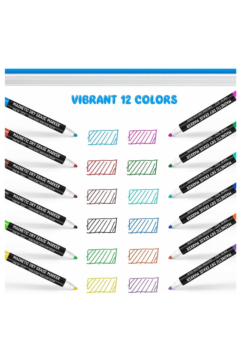 أقلام سبورة بيضاء مغناطيسية - 12 قلم ملون برأس دقيق قابل للمسح، مع ممحاة للأطفال، أقلام رفيعة قليلة الرائحة للوحات التقويم - Image 5