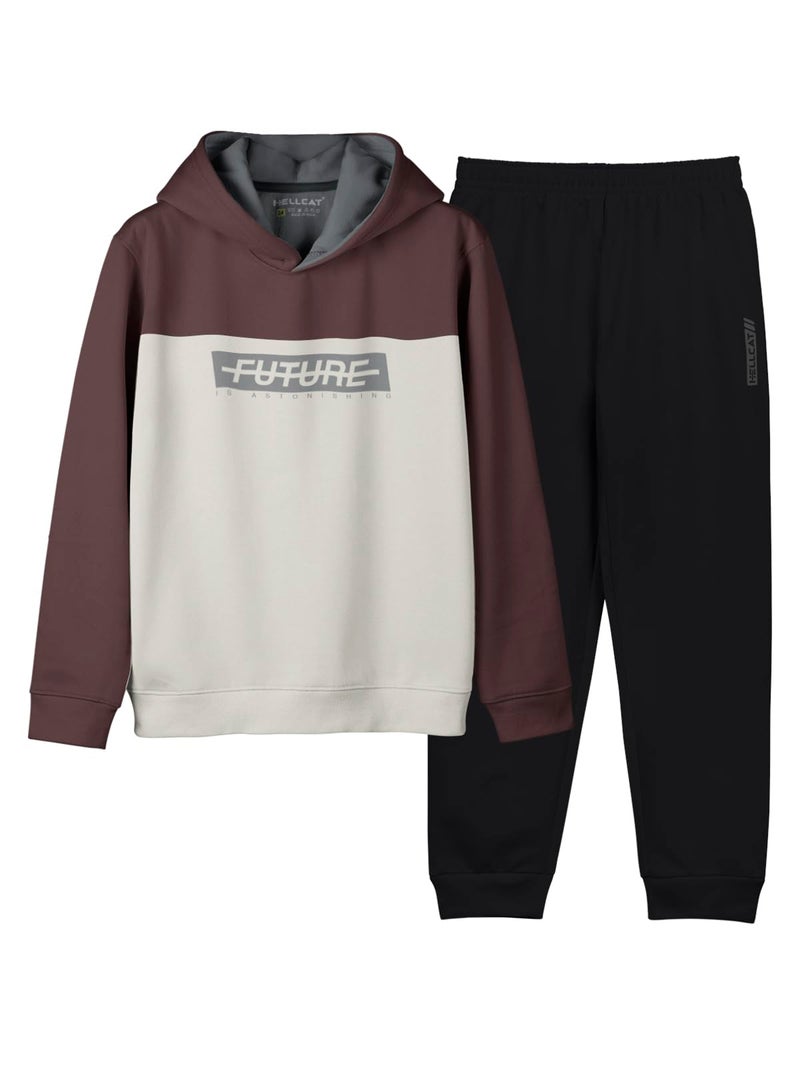 HELLCAT Printed Cotton Blend Full Sleeve Hoodie T-Shirt Jogger Trackpant Clothing Set for Boys Brown/Black 7-8 Years - Image 1