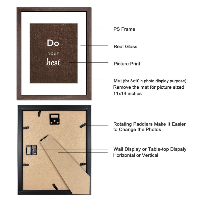 DEKWINN 11x14 Picture Frame Set of 3 with Real Glass for Pictures 8x10 with Mat or 11x14 Without Mat, Wall Gallery or Tabletop display Photo Frames in Walnut - Image 3
