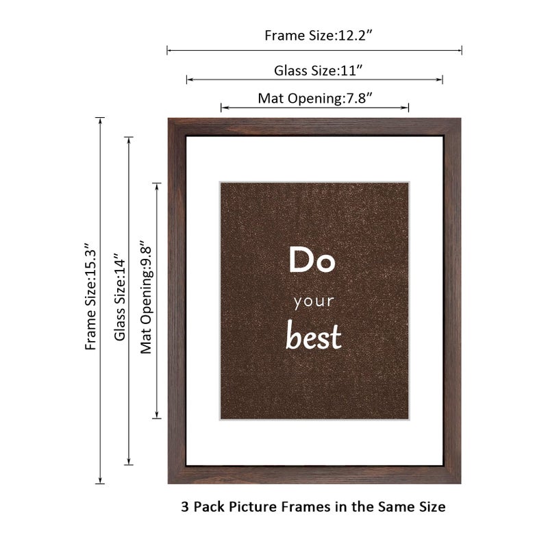 DEKWINN 11x14 Picture Frame Set of 3 with Real Glass for Pictures 8x10 with Mat or 11x14 Without Mat, Wall Gallery or Tabletop display Photo Frames in Walnut - Image 2