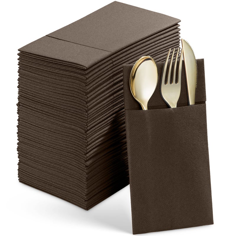 Servietto Disposable Linen-Feel Dinner Napkins With Built-in Flatware Pocket  50-Pack BROWN Prefolded Cloth Like Paper Napkins For Wedding  Dinner Or Party  - Image 1