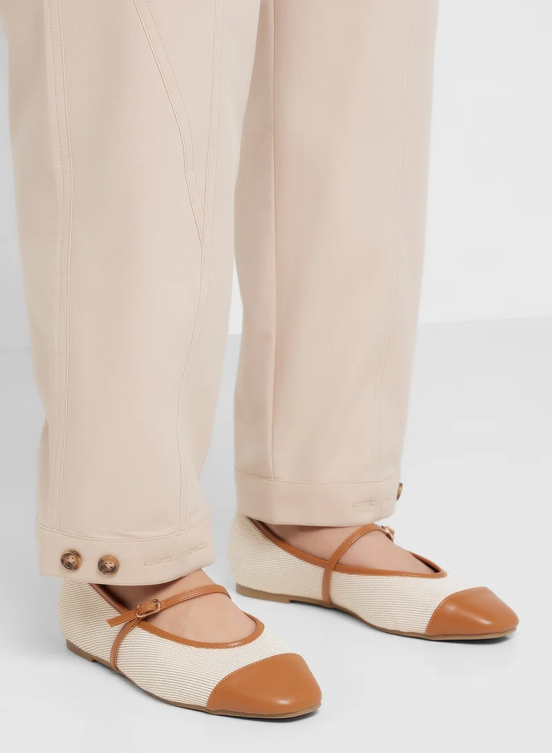 Ella CAMEL/OFF WHITE Square Toe Mary Jane Color Block Flat Shoe for Women | Best Price UAE