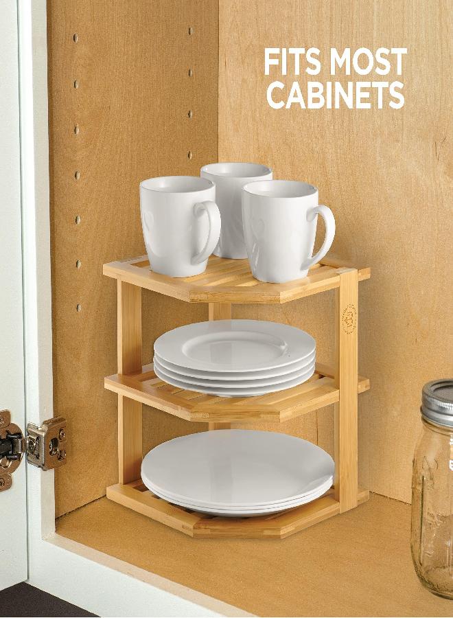 Bambüsi Cabinet Organizer Shelf - Bamboo Corner Rack for Kitchen Counter, Cabinet Space Saver for Plates, Dishes, Bowls, Bread - Pantry and Bathroom Storage or Countertop - Useful Home & Housewarming Gift - Image 2