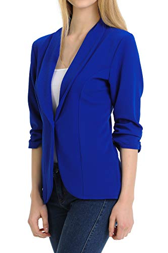 MINEFREE Women's 3/4 Ruched Sleeve Lightweight Work Office Blazer Jacket RoyalBlue M - Image 3