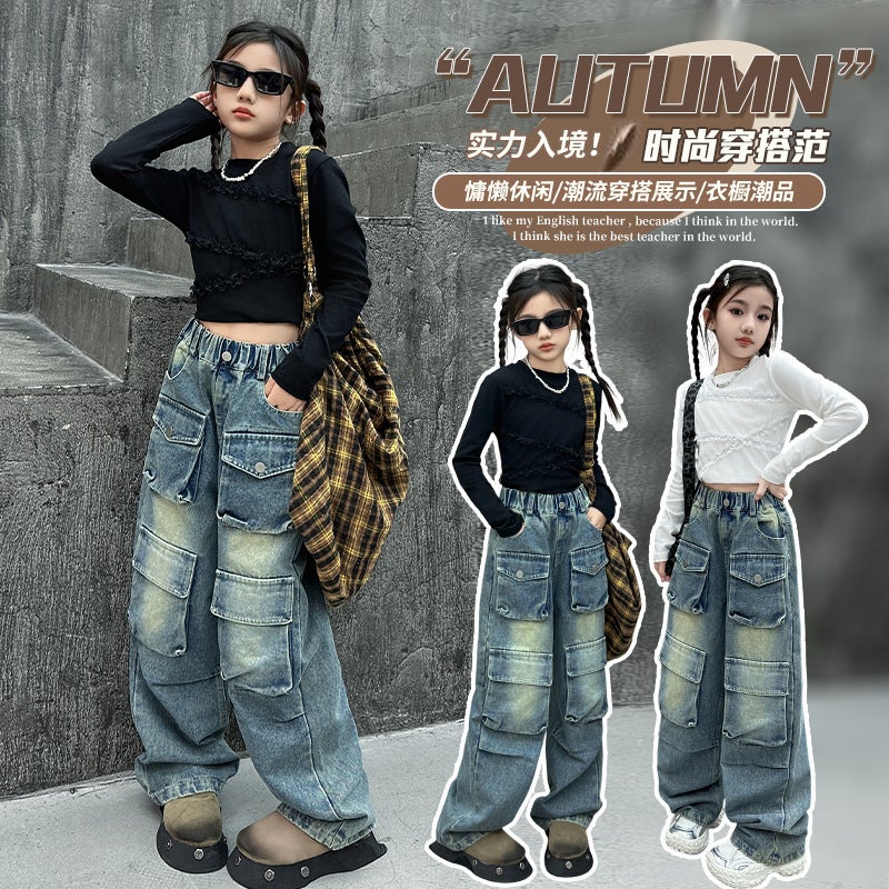 Girls' Work Jeans Medium And Large Kidsren'S Loose Wide-Leg Pants Kidsren'S Street Multi-Flap Pocket Pants Straight Pants - Image 4