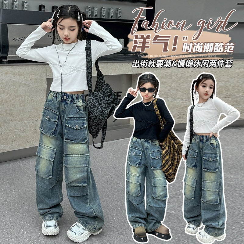 Girls' Work Jeans Medium And Large Kidsren'S Loose Wide-Leg Pants Kidsren'S Street Multi-Flap Pocket Pants Straight Pants - Image 2