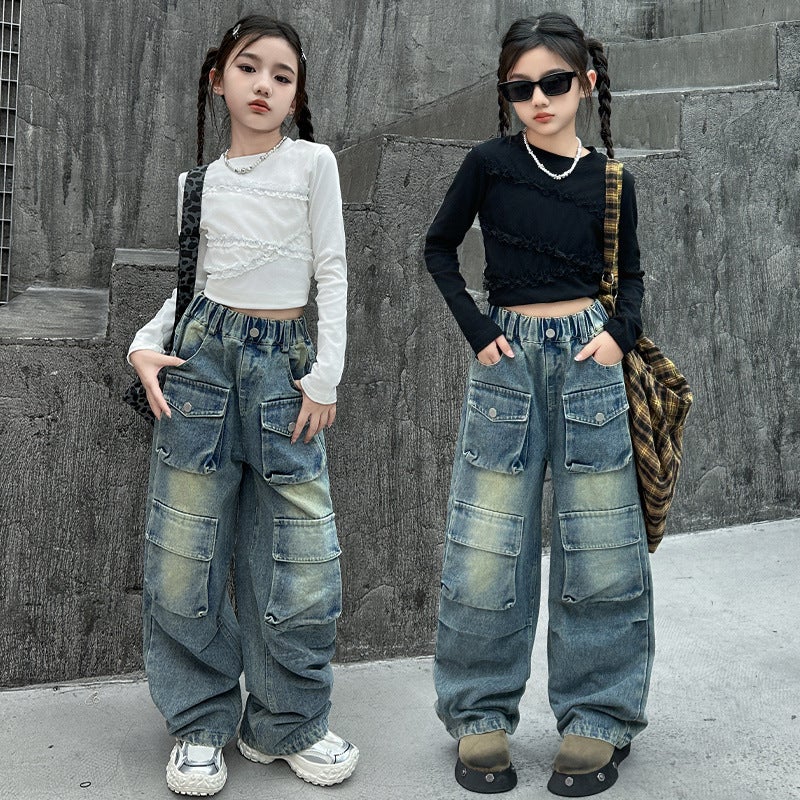 Girls' Work Jeans Medium And Large Kidsren'S Loose Wide-Leg Pants Kidsren'S Street Multi-Flap Pocket Pants Straight Pants - Image 5
